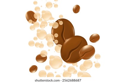 Elegant 3D floating coffee beans with fluid milk or cream bubbles splash isolated PNG, transparent background. Liquid coffee decoration for menu, coffee shop poster ads, infographic, commercial banner