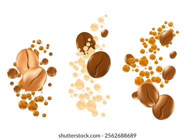 Elegant 3D floating coffee beans with fluid milk or cream bubbles splash isolated PNG, transparent background. Liquid coffee decoration for menu, coffee shop poster ads, infographic, commercial banner