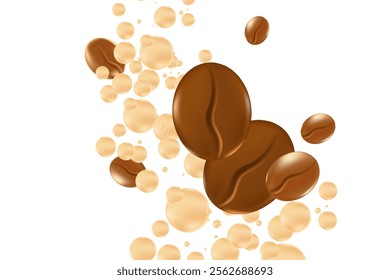 Elegant 3D floating coffee beans with fluid milk or cream bubbles splash isolated PNG, transparent background. Liquid coffee decoration for menu, coffee shop poster ads, infographic, commercial banner