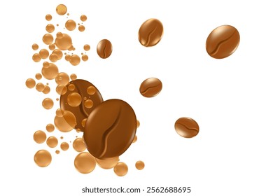 Elegant 3D floating coffee beans with fluid caramel cream bubbles splash isolated PNG, transparent background. Liquid coffee decoration for menu, coffee shop poster ads, infographic, commercial banner