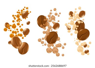 Elegant 3D floating coffee beans with fluid milk or cream bubbles splash isolated PNG, transparent background. Liquid coffee decoration for menu, coffee shop poster ads, infographic, commercial banner