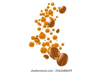 Elegant 3D floating coffee beans with fluid caramel cream bubbles splash isolated PNG, transparent background. Liquid coffee decoration for menu, coffee shop poster ads, infographic, commercial banner