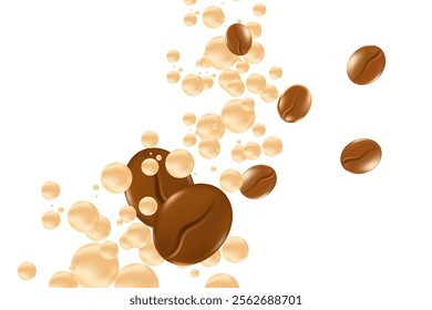 Elegant 3D floating coffee beans with fluid milk or cream bubbles splash isolated PNG, transparent background. Liquid coffee decoration for menu, coffee shop poster ads, infographic, commercial banner