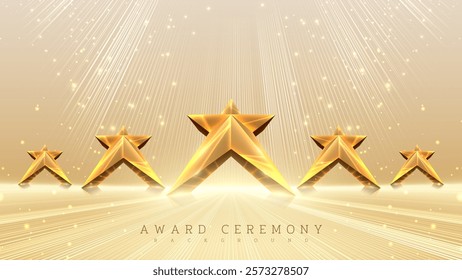 Elegant 3D gold star display stand with glow decoration and bright gold spotlights. Ideal for award ceremonies, celebrations and recognition events.