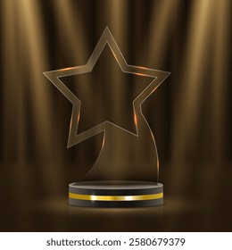 Elegant 3D golden podium with laurels, shining ribbons, and glowing stars for award ceremonies, prize events, and championship recognition. Realistic luxury scene. 