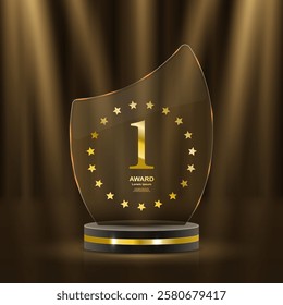 Elegant 3D golden podium with laurels, shining ribbons, and glowing stars for award ceremonies, prize events, and championship recognition. Realistic luxury scene. 