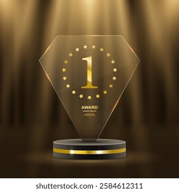 Elegant 3D golden podium with laurels, shining ribbons, and glowing stars for award ceremonies, prize events, and championship recognition. Realistic luxury scene. 