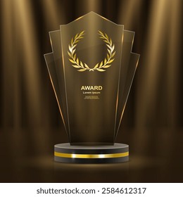 Elegant 3D golden podium with laurels, shining ribbons, and glowing stars for award ceremonies, prize events, and championship recognition. Realistic luxury scene. 