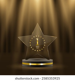 Elegant 3D golden podium with laurels, shining ribbons, and glowing stars for award ceremonies, prize events, and championship recognition. Realistic luxury scene. 