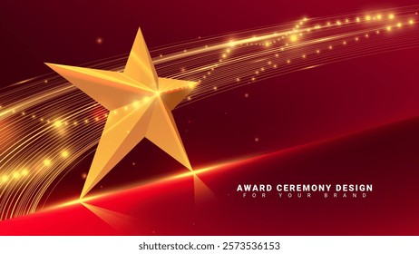 Elegant 3D golden stars with glowing curve elements and bokeh effect on red luxury background, award ceremony backdrop design.