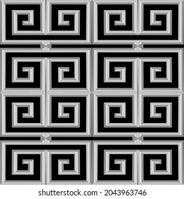 Elegantes 3D-Graues, nahtloses Muster. Vektorstrukturierter ornamentaler Hintergrund. Die Oberfläche wiederholt antike Kulissen. Modernes 3D-Ornament. Dekoratives Dekorationsdesign mit griechischem Schlüssel, Mäander, Schatten, Laboren.