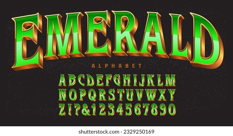 Un elegante alfabeto con letras 3d con el efecto de la joya esmeralda en un ambiente metálico dorado