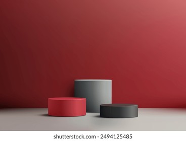 Elegant 3D Minimalist Cylinder Podium Set in Red Background, Ideal for Showroom Showcase, Product Presentation, and Mockup Designs