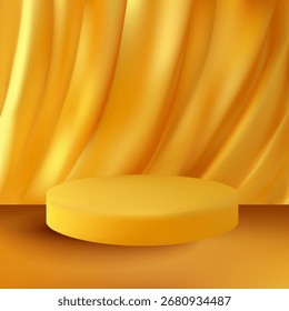 Elegante podio en 3D sobre un telón de fondo de cortinas doradas para la exhibición del producto. Eps 10