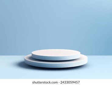 Elegant 3D podium mockup. Featuring a blue and white design on a soft blue background, this minimalist scene is perfect for showcasing jewelry, cosmetics, and more. Vector illustration