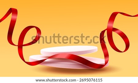 Elegant 3D podiums with a vibrant red ribbon on a warm yellow background, perfect for product display or celebrations. Vector illustration