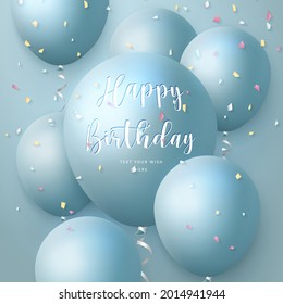 Elegant 3D realistic balloon and party popper ribbon Happy Birthday celebration card banner template background