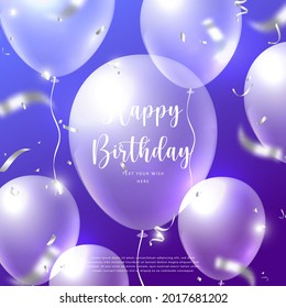 Elegant 3D realistic transparent balloon and party popper silver ribbon Happy Birthday celebration card banner template