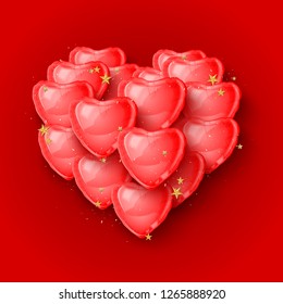 Elegant 3d red heart shaped balloons for Valentines Day card. Vector illustration