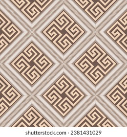 Elegant 3d rhombus greek frames seamless pattern with waffle ornaments. Beautiful modern vector tribal ethnic ancient style background. Repeat patterned backdrop. Greek key meanders symbols, signs.