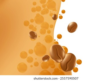 Elegant 3D roasted coffee beans with liquid bubbles splash isolated PNG, transparent background. Fluid coffee decoration element for cafe menu, coffee shop poster ads, infographic, commercial banner