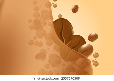 Elegant 3D roasted coffee beans with liquid bubbles splash, light beige background with copy space. Fluid coffee decoration element for cafe menu, coffee shop poster, infographic, commercial banner