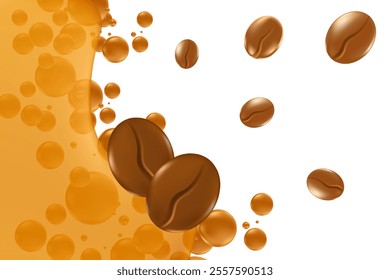 Elegant 3D roasted coffee beans with liquid bubbles splash isolated PNG, transparent background. Fluid coffee decoration element for cafe menu, coffee shop poster ads, infographic, commercial banner