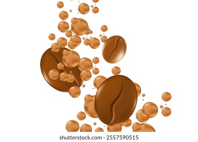 Elegant 3D roasted coffee beans with liquid bubbles splash isolated PNG, transparent background. Fluid coffee decoration element for cafe menu, coffee shop poster ads, infographic, commercial banner