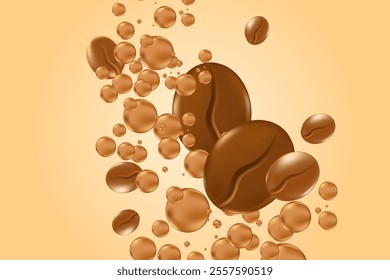 Elegant 3D roasted coffee beans with liquid bubbles splash, light beige background with copy space. Fluid coffee decoration element for cafe menu, coffee shop poster, infographic, commercial banner