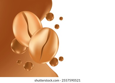 Elegant 3D roasted coffee beans with liquid bubbles splash isolated PNG, transparent background. Fluid coffee decoration element for cafe menu, coffee shop poster ads, infographic, commercial banner