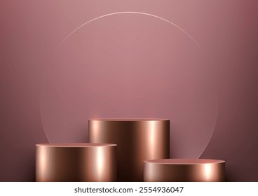 Elegant 3D rose gold cylinders on a metallic background with a translucent circle, perfect for mockups, product showcases, and luxury branding presentations