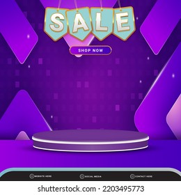 elegant 3d sale banner social media template post with blank space 3d podium for product with abstract purple and blue gradient background design