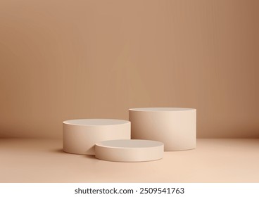 Elegant 3D Scene Featuring Three Beige Podiums on a Soft Beige Backdrop, Ideal for Product Mockups, Showrooms, and Contemporary Visual Branding