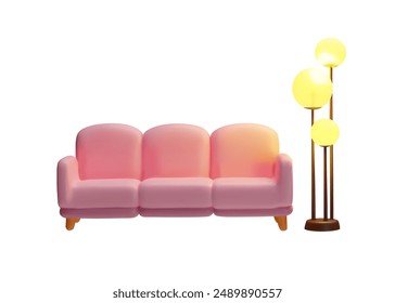 Elegant 3D sofa with triple cushions, wooden legs and a lamp. It is ideal for luxurious decoration of the living room and studio in light pink tones.