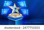 Elegant 3D star display stand with sparkling decoration and bright blue spotlights. Ideal for award ceremonies, celebrations and recognition events. Vector illustration.