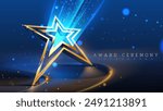 Elegant 3D star display stand with sparkling decoration and bright blue spotlights. Ideal for award ceremonies, celebrations and recognition events. Vector illustration.