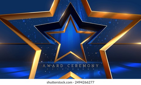 Elegant 3D star display stand with sparkling decoration and bright blue spotlights. Ideal for award ceremonies, celebrations and recognition events. Vector illustration.