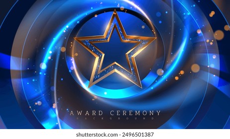 Elegant 3D star display stand with sparkling decoration and bright blue spotlights. Ideal for award ceremonies, celebrations and recognition events. Vector illustration.