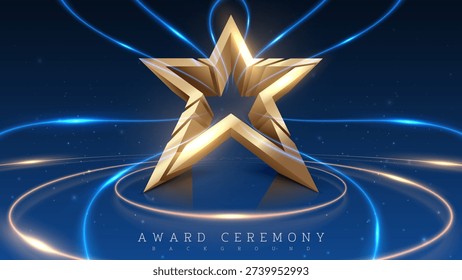 Elegant 3D star display stand with sparkling decoration and bright blue spotlights. Ideal for award ceremonies, celebrations and recognition events. Vector illustration.