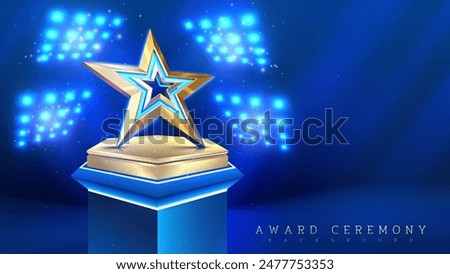 Elegant 3D star display stand with sparkling decoration and bright blue spotlights. Ideal for award ceremonies, celebrations and recognition events. Vector illustration.