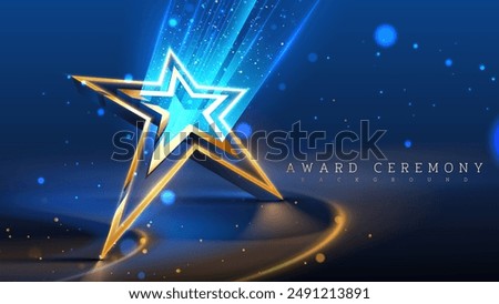 Elegant 3D star display stand with sparkling decoration and bright blue spotlights. Ideal for award ceremonies, celebrations and recognition events. Vector illustration.