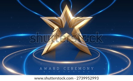 Elegant 3D star display stand with sparkling decoration and bright blue spotlights. Ideal for award ceremonies, celebrations and recognition events. Vector illustration.