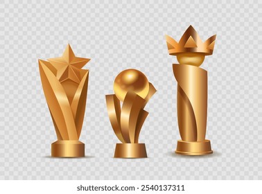 Elegantes Trofeos De Oro De Vector 3D Con Diseños Dinámicos De Una Bola De Estrellas Y Corona Ideal Para Celebrar El Éxito