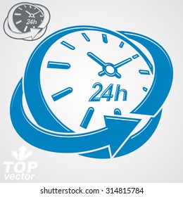 Elegant 3d vector round 24 hours clock, around-the-clock pictogram. Time idea three-dimensional symbol. Twenty-four hours a day conceptual stylized icon. Business time management illustration.