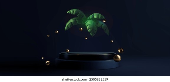 Elegant 3D vector of a tropical palm leaf floating above a dark podium with golden spheres, creating a luxurious and minimalistic design. Perfect for branding, product displays, or modern art projects