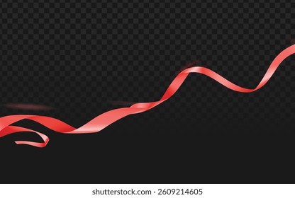 Elegant 3D wavy red ribbon vector with realistic satin texture on dark checkered background. Perfect for award designs, festive decorations, and luxury branding. Flowing fabric simulation with dynamic