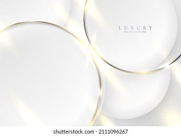 Elegant 3D white circles and golden ring with glow lighting effect on clean background. Luxury style. Vector illustration