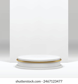Elegant 3d white podium pedestal mock up for cosmetic product show presentation realistic vector illustration. Luxury light trendy showcase with wall background for premium fashion shopping sale