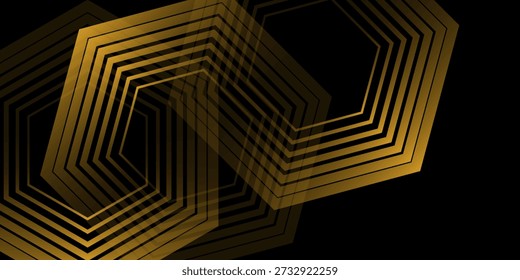 Elegante capa de traslape de fondo abstracto tecno amarillo 3D en espacio oscuro con decoración de efecto de líneas hexagonales. Ilustración de concepto de estilo de rayas de elemento de Diseño gráfico moderno