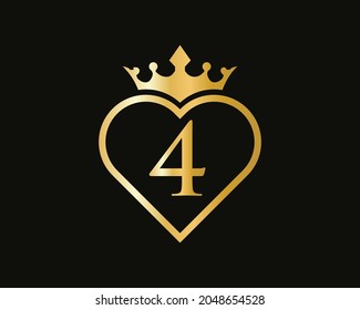 Elegant 4 Logo With Love Shape. Heart Letter 4 Logo Design, Gold, Beauty, Fashion, Cosmetics Business, Spa, Salons, And Yoga Vector Luxury Concept Template